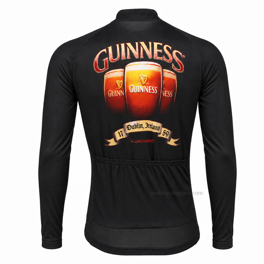 Back view of a black Guinness retro long-sleeve cycling jersey with beer-glass artwork.