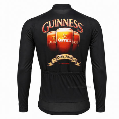 Back view of a black Guinness retro long-sleeve cycling jersey with beer-glass artwork.