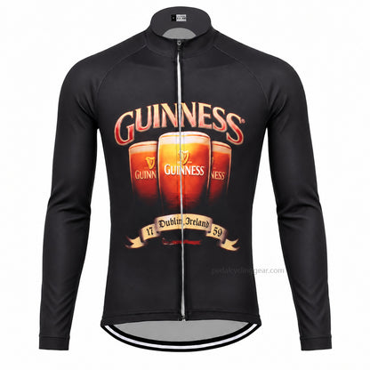 Front view of a black Guinness retro long-sleeve cycling jersey with beer-glass artwork.