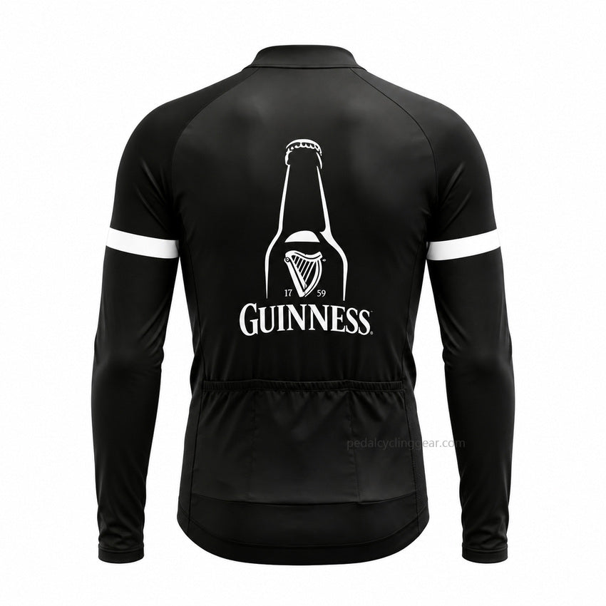 Back view of a black Guinness retro long-sleeve cycling jersey.