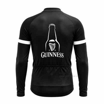 Back view of a black Guinness retro long-sleeve cycling jersey.