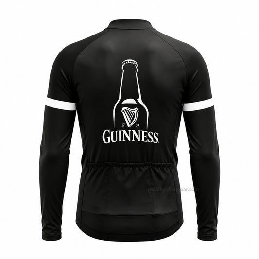 Back view of a black Guinness retro long-sleeve cycling jersey.