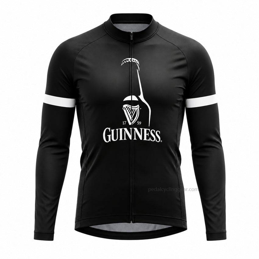 Front view of a black Guinness retro long-sleeve cycling jersey