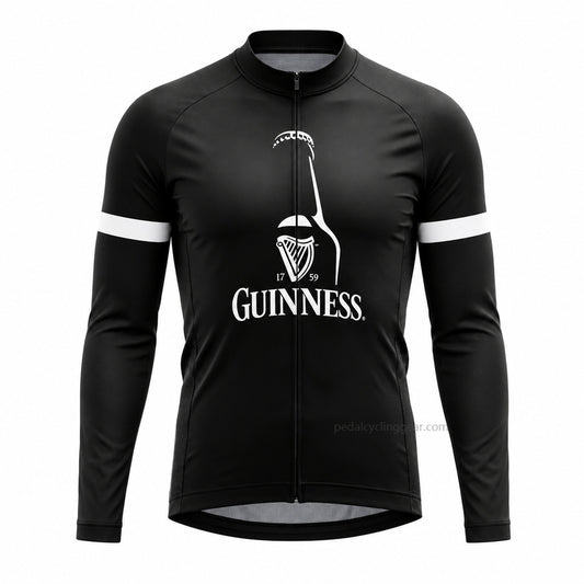 Front view of a black Guinness retro long-sleeve cycling jersey