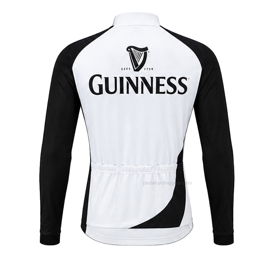 Back view of a white-and-black Guinness retro long-sleeve cycling jersey with harp branding.