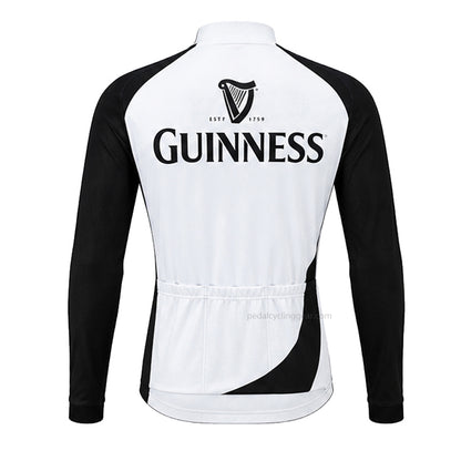 Back view of a white-and-black Guinness retro long-sleeve cycling jersey with harp branding.