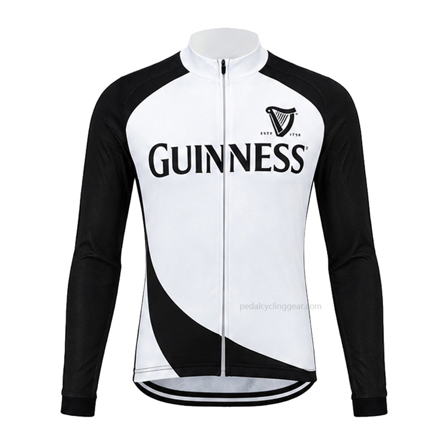 Front view of a white-and-black Guinness retro long-sleeve cycling jersey with harp branding.