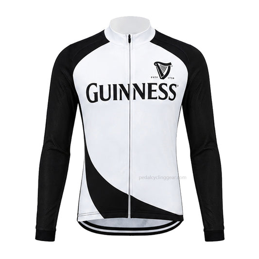 Front view of a white-and-black Guinness retro long-sleeve cycling jersey with harp branding.