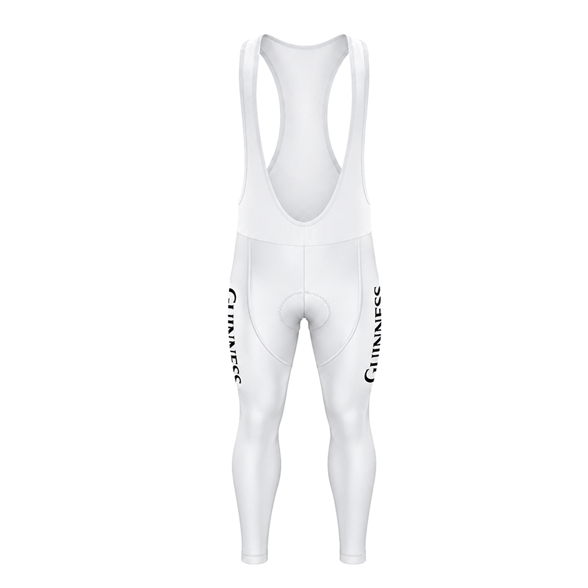 Guinness white long cycling bib shorts with black side logos