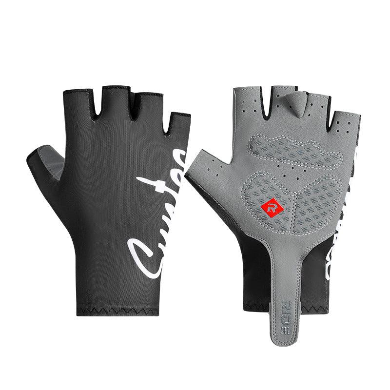 Black and grey padded fingerless cycling gloves, front and palm views