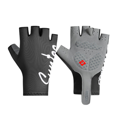 Black and grey padded fingerless cycling gloves, front and palm views