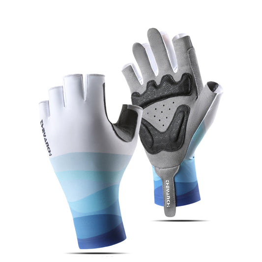 Blue gradient half finger cycling gloves with anti-slip gel padding and finger pull tabs.