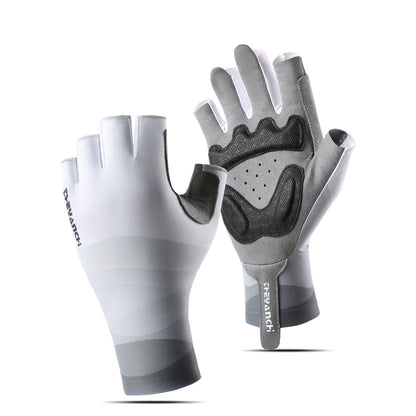 Grey gradient half finger cycling gloves with shock-absorbing padded palm.