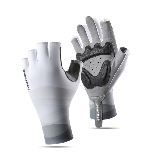 Grey gradient half finger cycling gloves with shock-absorbing padded palm.