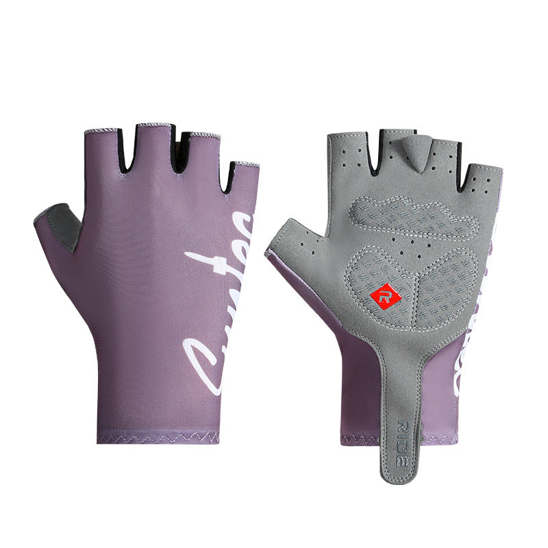 Purple and grey padded fingerless cycling gloves, front and palm views
