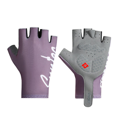 Purple and grey padded fingerless cycling gloves, front and palm views