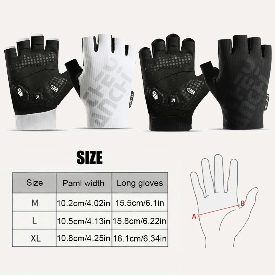 Black and white half-finger cycling gloves with a size chart showing width and length for M, L and XL