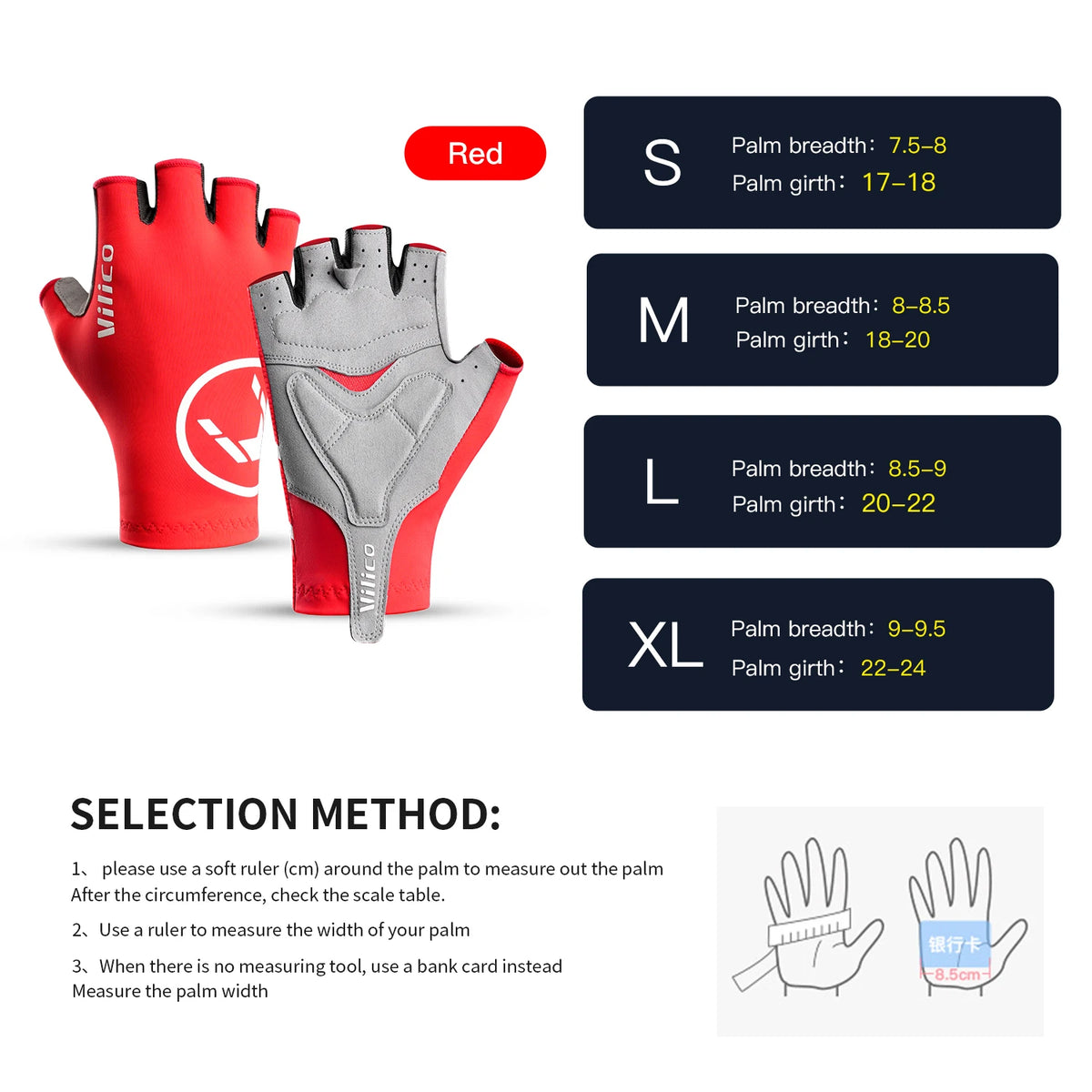 Cycling glove size chart for S to XL with palm width and circumference measurements in centimetres