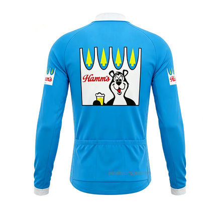 Back view of the sky blue Hamm's Beer long sleeve cycling jersey showing 3 rear storage pockets and mascot design.