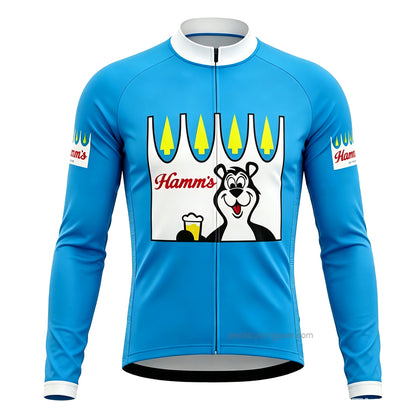 Front view of the sky blue Hamm's Beer long sleeve cycling jersey featuring the Hamm's Bear mascot.