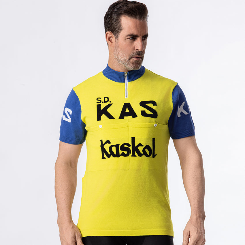 KAS Kaskol retro wool cycling jersey in yellow and blue