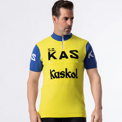 KAS Kaskol retro wool cycling jersey in yellow and blue