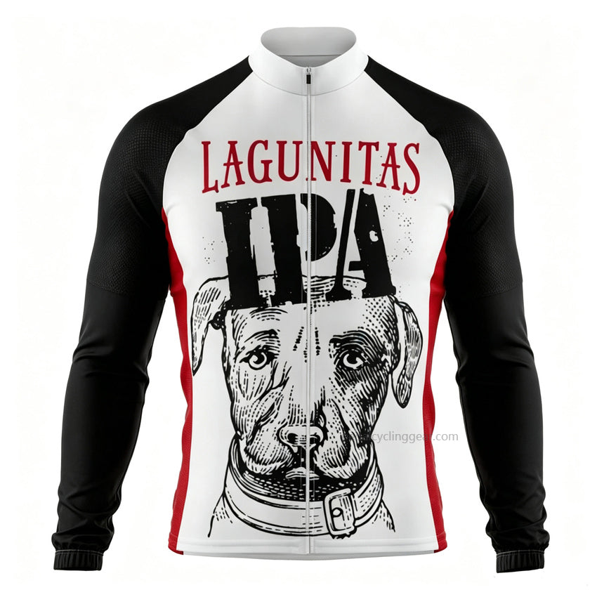 Front view of a black-and-white Lagunitas IPA retro long-sleeve cycling jersey.