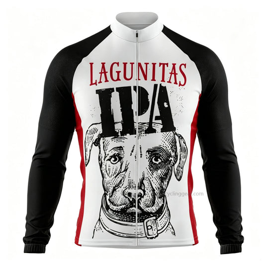 Front view of a black-and-white Lagunitas IPA retro long-sleeve cycling jersey.