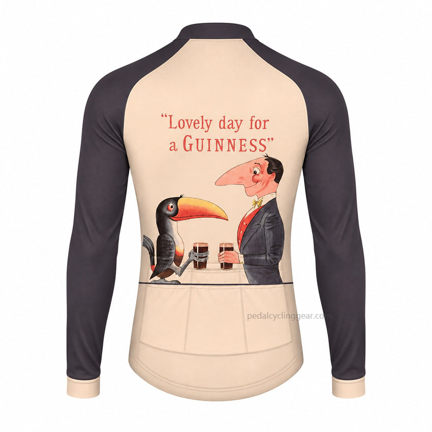 Back view of a cream and dark gray Lovely Day for a Guinness retro long-sleeve cycling jersey.