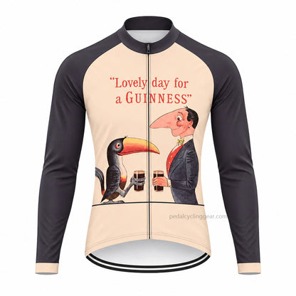 Front view of a cream and dark gray Lovely Day for a Guinness retro long-sleeve cycling jersey.