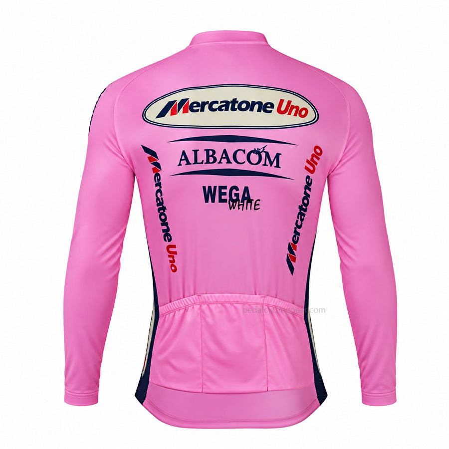 Pink Mercatone Uno Albacom retro long-sleeve cycling jersey, back view