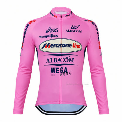 Pink Mercatone Uno Albacom retro long-sleeve cycling jersey, front view