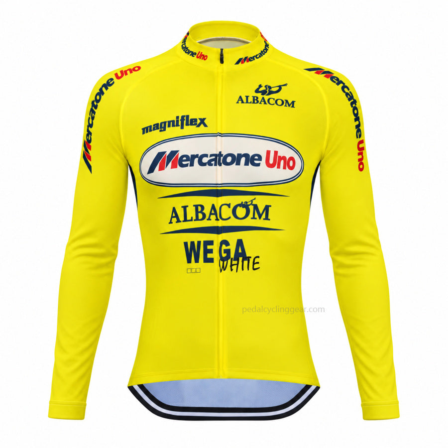 Yellow Mercatone Uno Albacom retro long-sleeve cycling jersey, front view