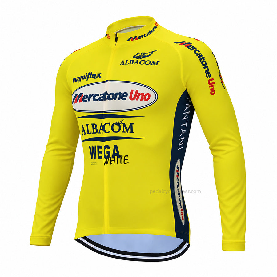 Yellow Mercatone Uno Albacom retro long-sleeve cycling jersey, angled front view