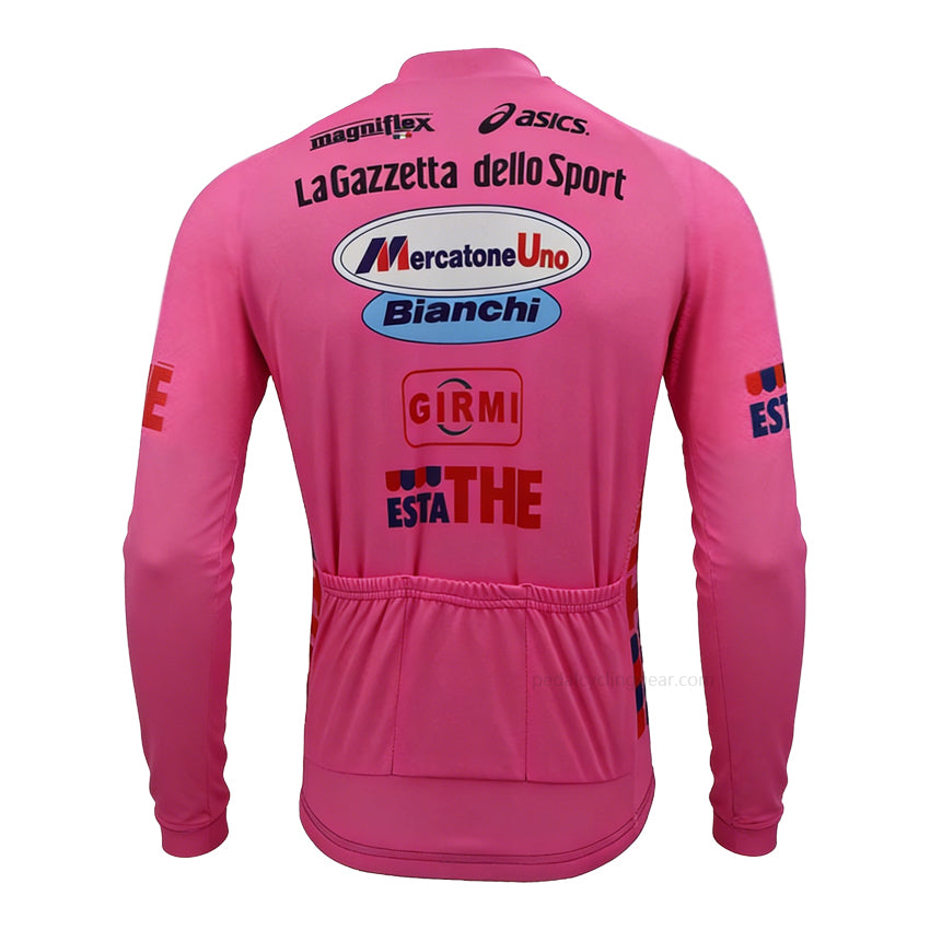 Mercatone Uno Bianchi Giro Pink Retro Long Sleeve Cycling Jersey back view with three rear pockets