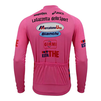 Mercatone Uno Bianchi Giro Pink Retro Long Sleeve Cycling Jersey back view with three rear pockets