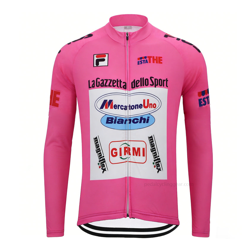 Mercatone Uno Bianchi Giro Pink Retro Long Sleeve Cycling Jersey front view