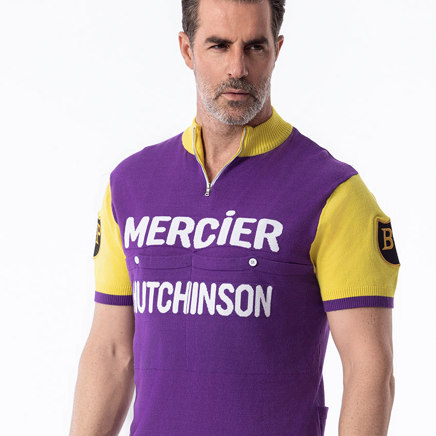 Mercier Hutchinson retro cycling jersey showing woven lettering and sleeve badge detail