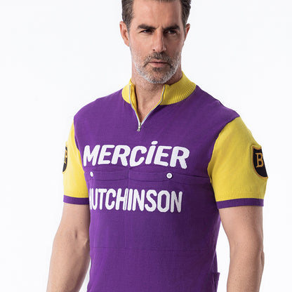 Mercier Hutchinson retro cycling jersey showing woven lettering and sleeve badge detail