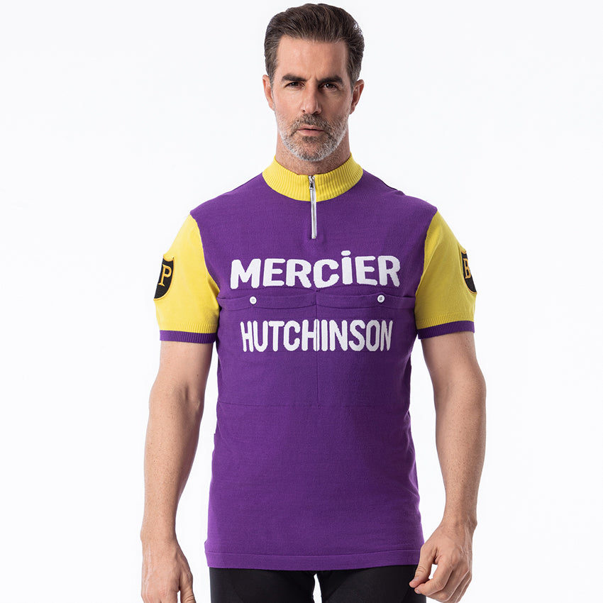 Man wearing Mercier Hutchinson retro wool cycling jersey front view