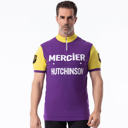 Man wearing Mercier Hutchinson retro wool cycling jersey front view