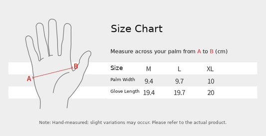 Size chart for mesh cycling gloves, sizes M to XL