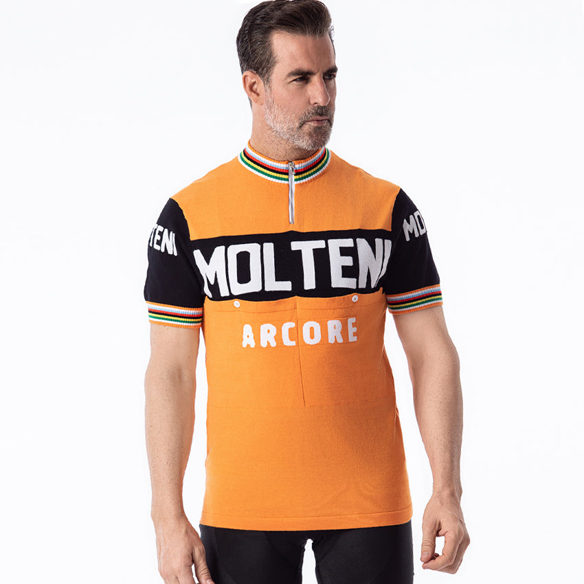 Molteni Arcore retro wool cycling jersey orange - front model