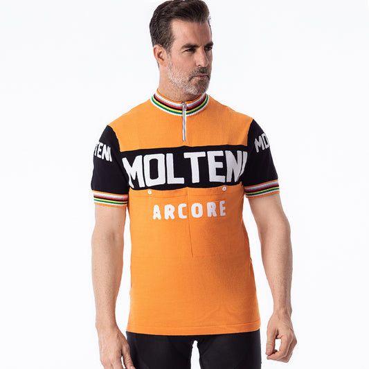 Molteni Arcore retro wool cycling jersey orange - front model