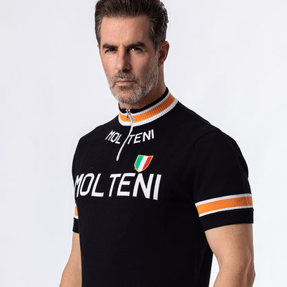 Close-up of Molteni retro cycling jersey showing Italian shield emblem, quarter-zip and orange stripe collar detail