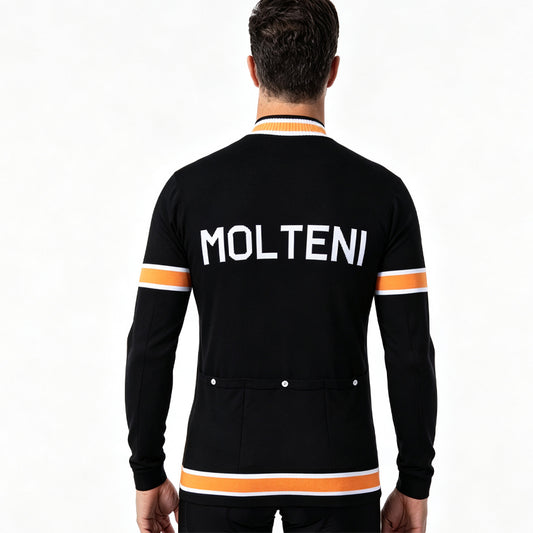 Back view of Molteni vintage wool long sleeve cycling jersey black