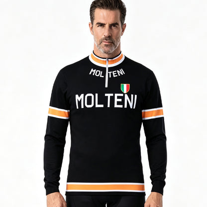 Molteni retro long sleeve wool cycling jersey black edition front view