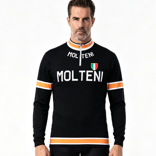 Molteni retro long sleeve wool cycling jersey black edition front view