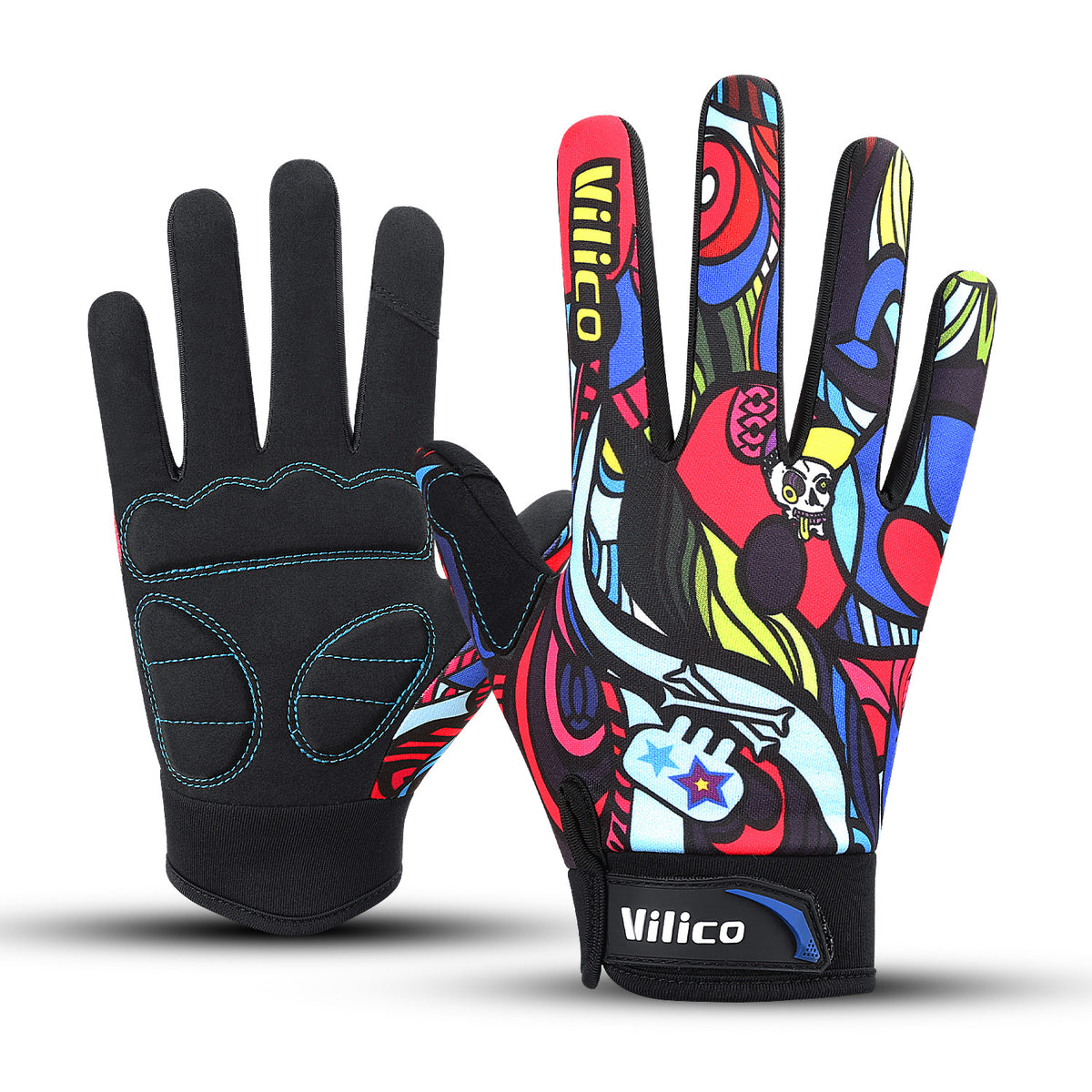 Colorful full-finger cycling gloves with palm side shown