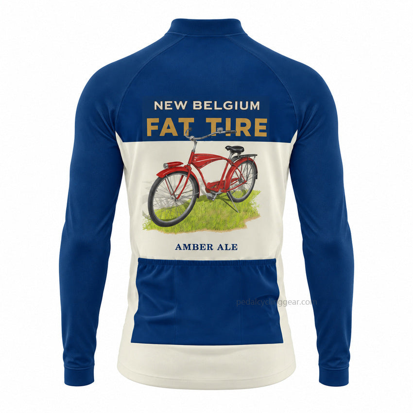 Back view of a blue and cream New Belgium Fat Tire Ale retro long-sleeve cycling jersey.